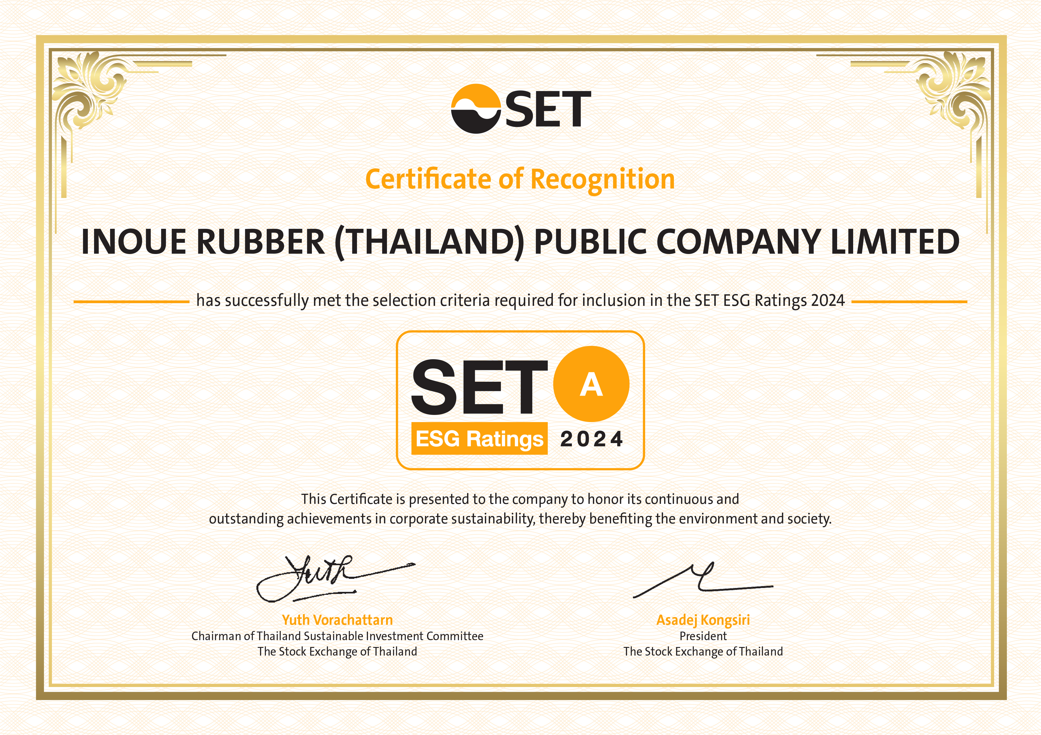 IRC receives SET ESG Ratings in 2024 at A Level from Stock Exchange of Thailand